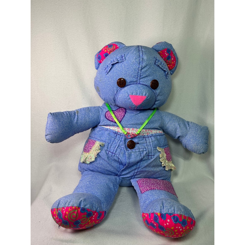 Vintage Doodle‎ Bear Plush Blue Denim Pink Purple Heart 90s Retro Toy